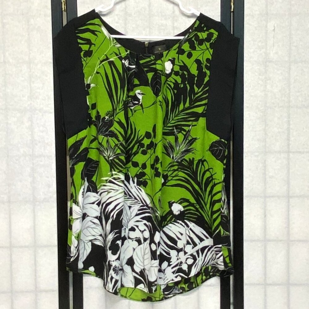 Worthington Pleated Front Banded Cap Sleeve Blouse XL Black Green Back Yoke Zip